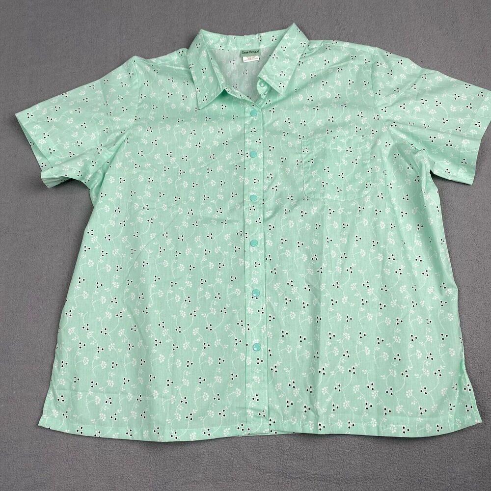 Sara Morgan Women's size XXL Green Floral Short Sleeve Snap Button.Pocket